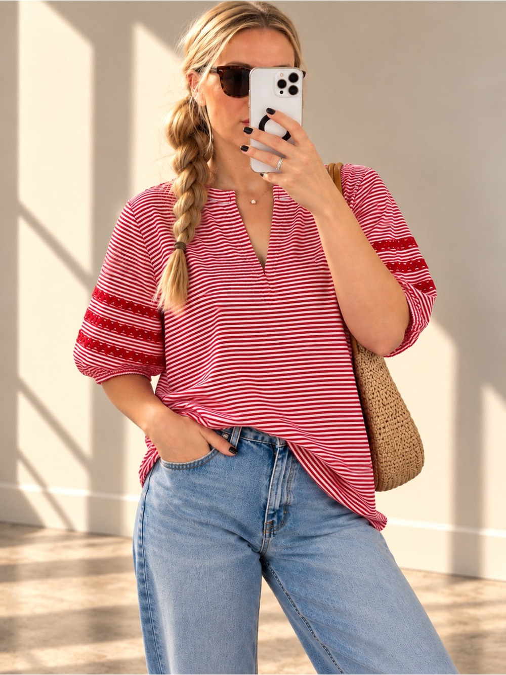 Talbots Red White Striped Ric Rac Cotton Top NWT M